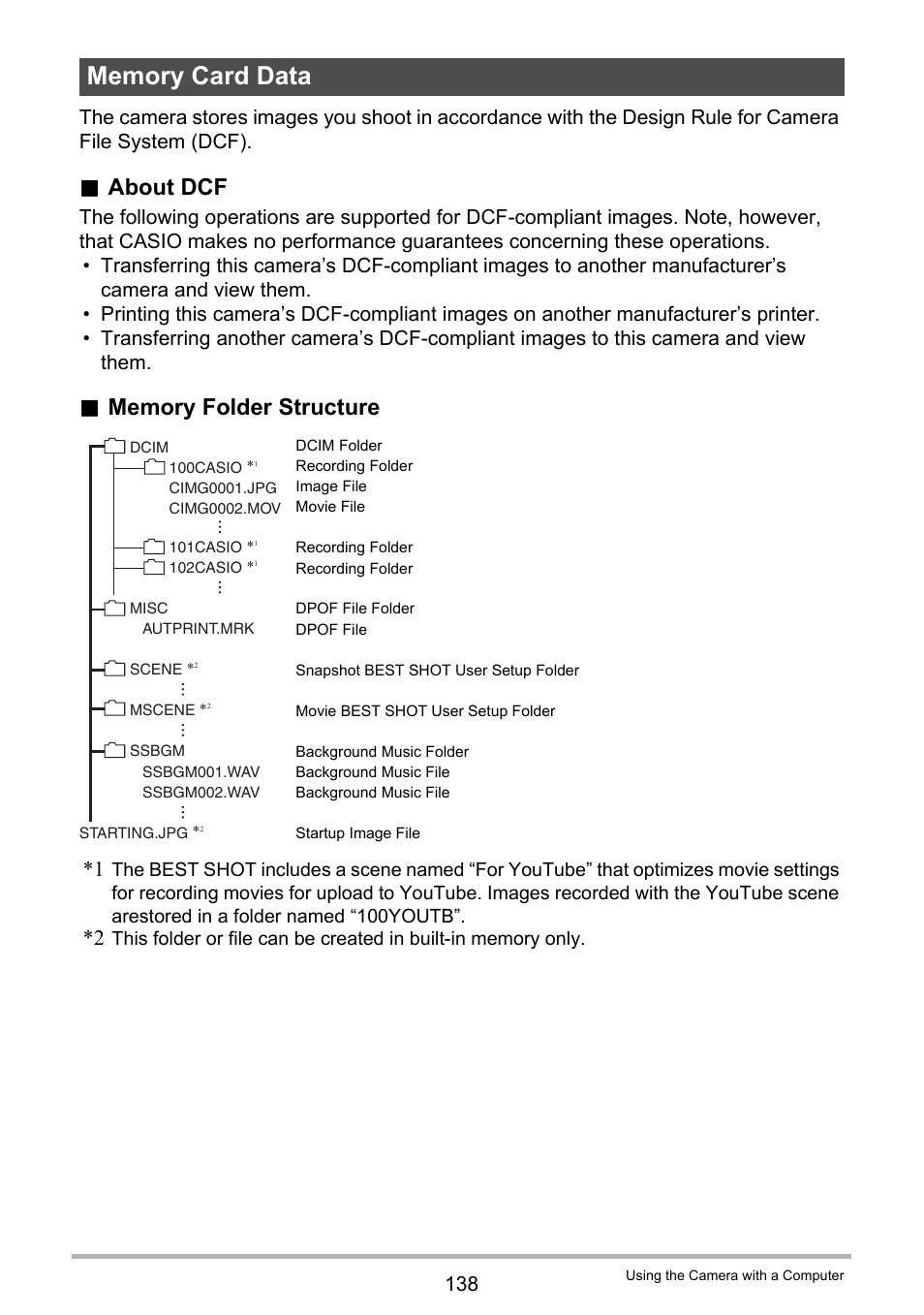 Memory card data, About dcf | Casio EXILIM EX-H20G User Manual | Page 138 / 192