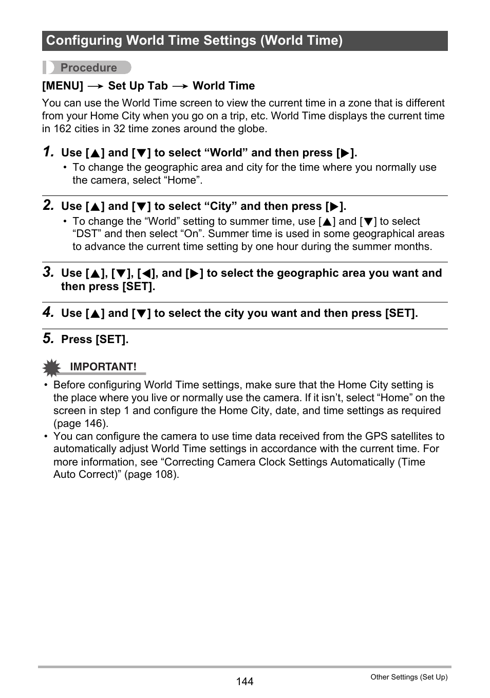 Configuring world time settings (world time) | Casio EXILIM EX-H20G User Manual | Page 144 / 192