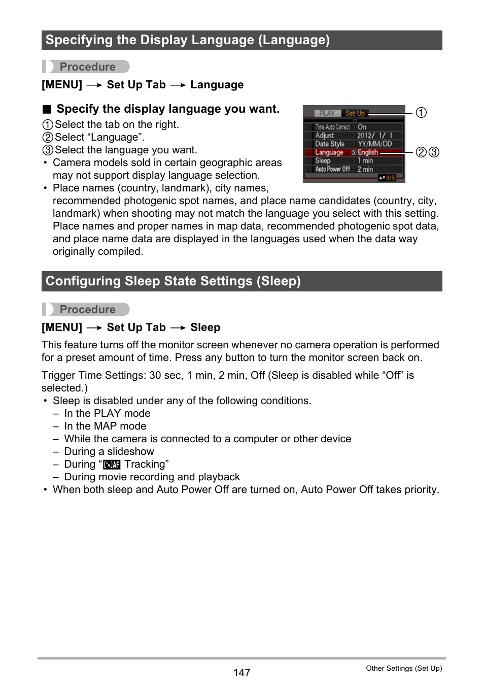 Specifying the display language (language), Configuring sleep state settings (sleep) | Casio EXILIM EX-H20G User Manual | Page 147 / 192