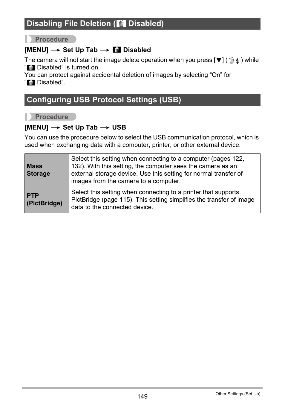 Disabling file deletion (_ disabled), Configuring usb protocol settings (usb), Disabling file deletion ( ü | Disabled) configuring usb protocol settings (usb) | Casio EXILIM EX-H20G User Manual | Page 149 / 192