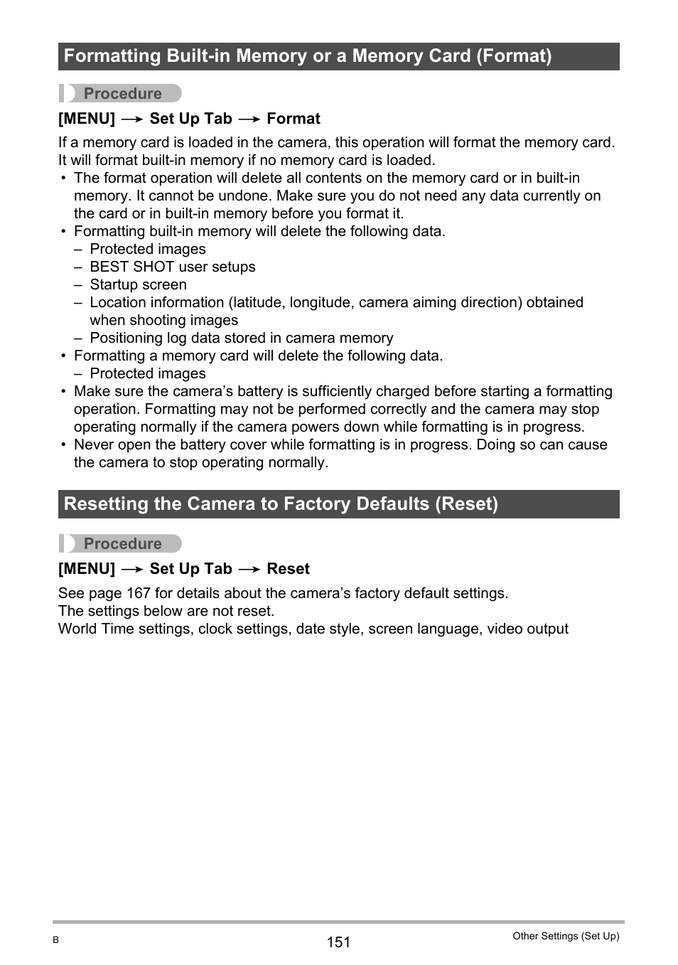 Resetting the camera to factory defaults (reset) | Casio EXILIM EX-H20G User Manual | Page 151 / 192