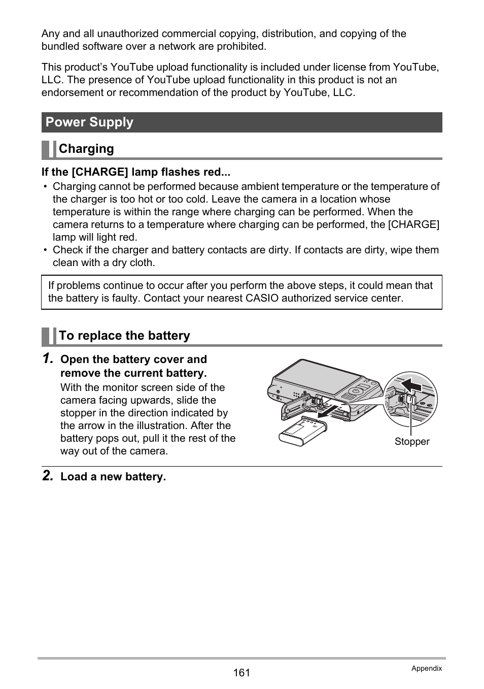 Power supply, Charging, To replace the battery | Casio EXILIM EX-H20G User Manual | Page 161 / 192