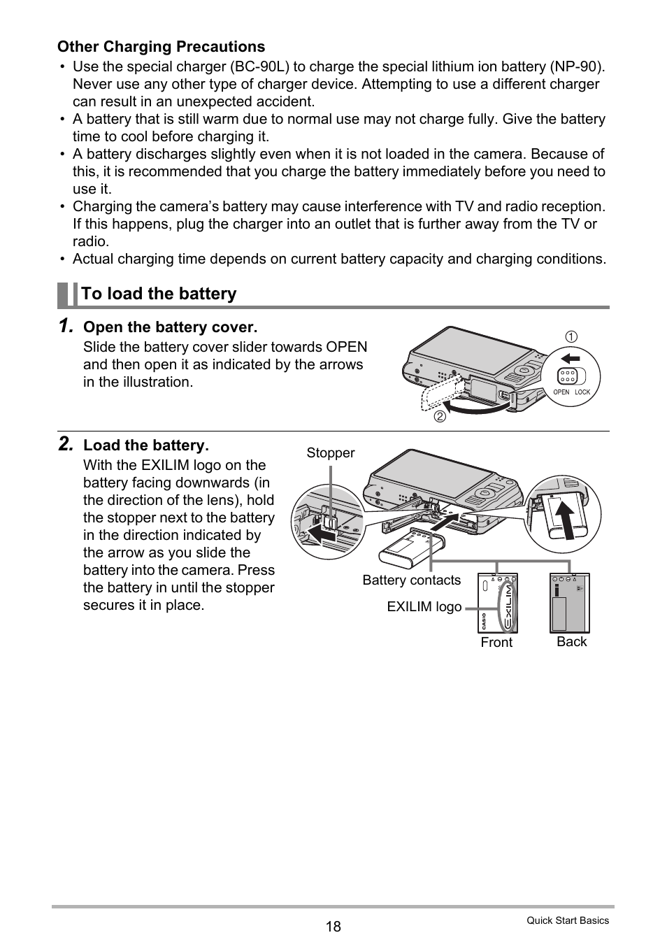 To load the battery | Casio EXILIM EX-H20G User Manual | Page 18 / 192