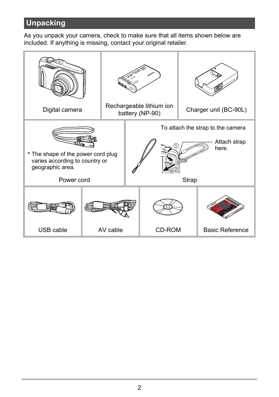 Unpacking | Casio EXILIM EX-H20G User Manual | Page 2 / 192