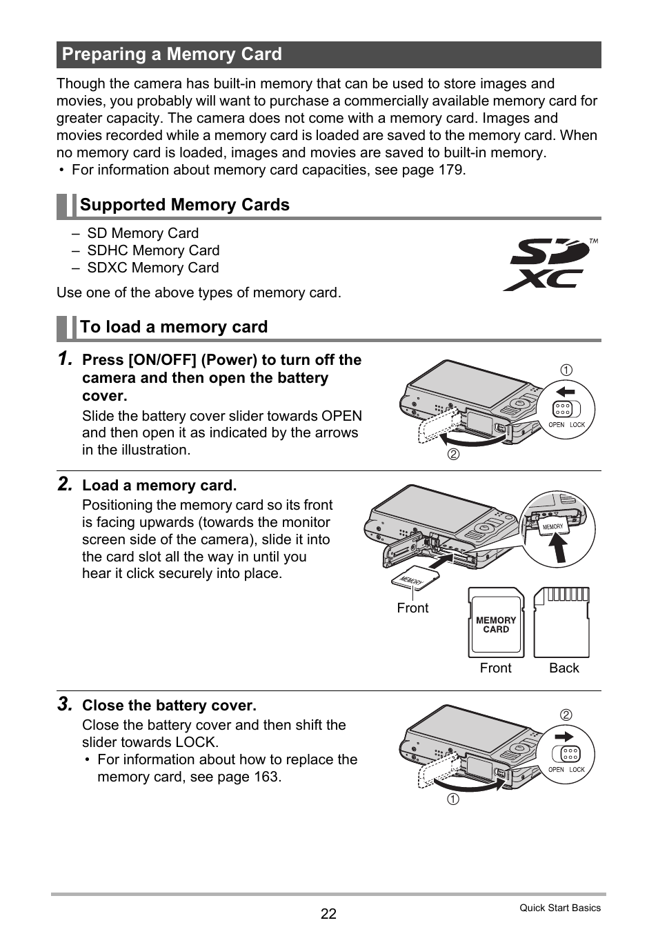 Preparing a memory card, Supported memory cards, To load a memory card | Casio EXILIM EX-H20G User Manual | Page 22 / 192