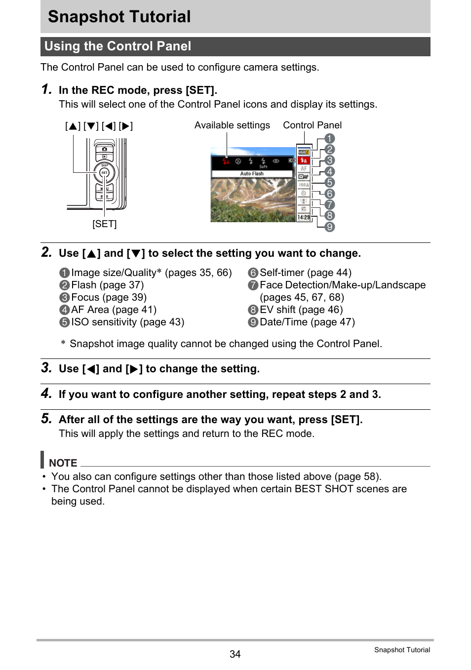 Snapshot tutorial, Using the control panel | Casio EXILIM EX-H20G User Manual | Page 34 / 192