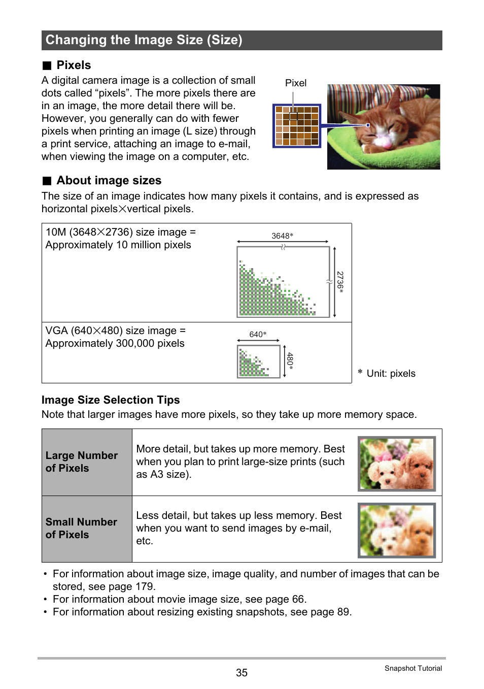 Changing the image size (size), Pixels, About image sizes | Casio EXILIM EX-H20G User Manual | Page 35 / 192