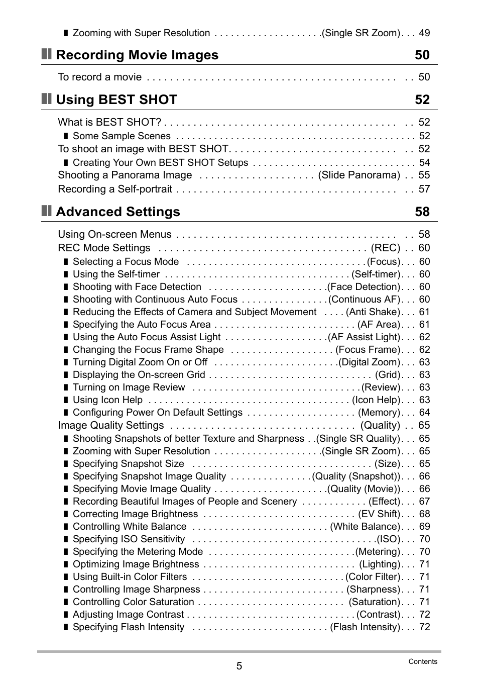 Recording movie images 50, Using best shot 52, Advanced settings 58 | Casio EXILIM EX-H20G User Manual | Page 5 / 192