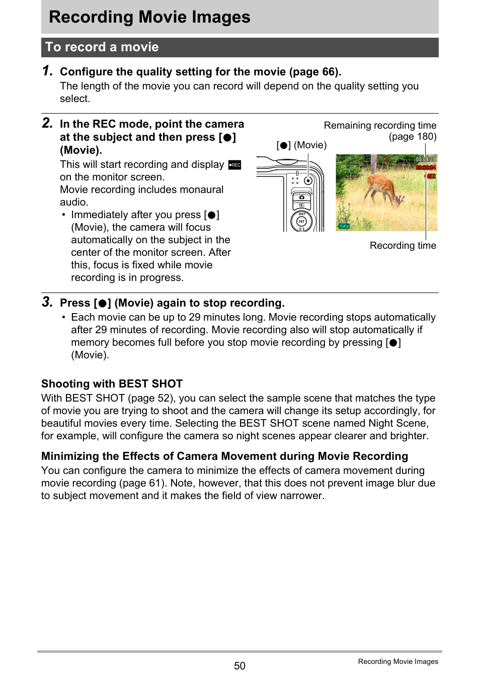 Recording movie images, To record a movie | Casio EXILIM EX-H20G User Manual | Page 50 / 192