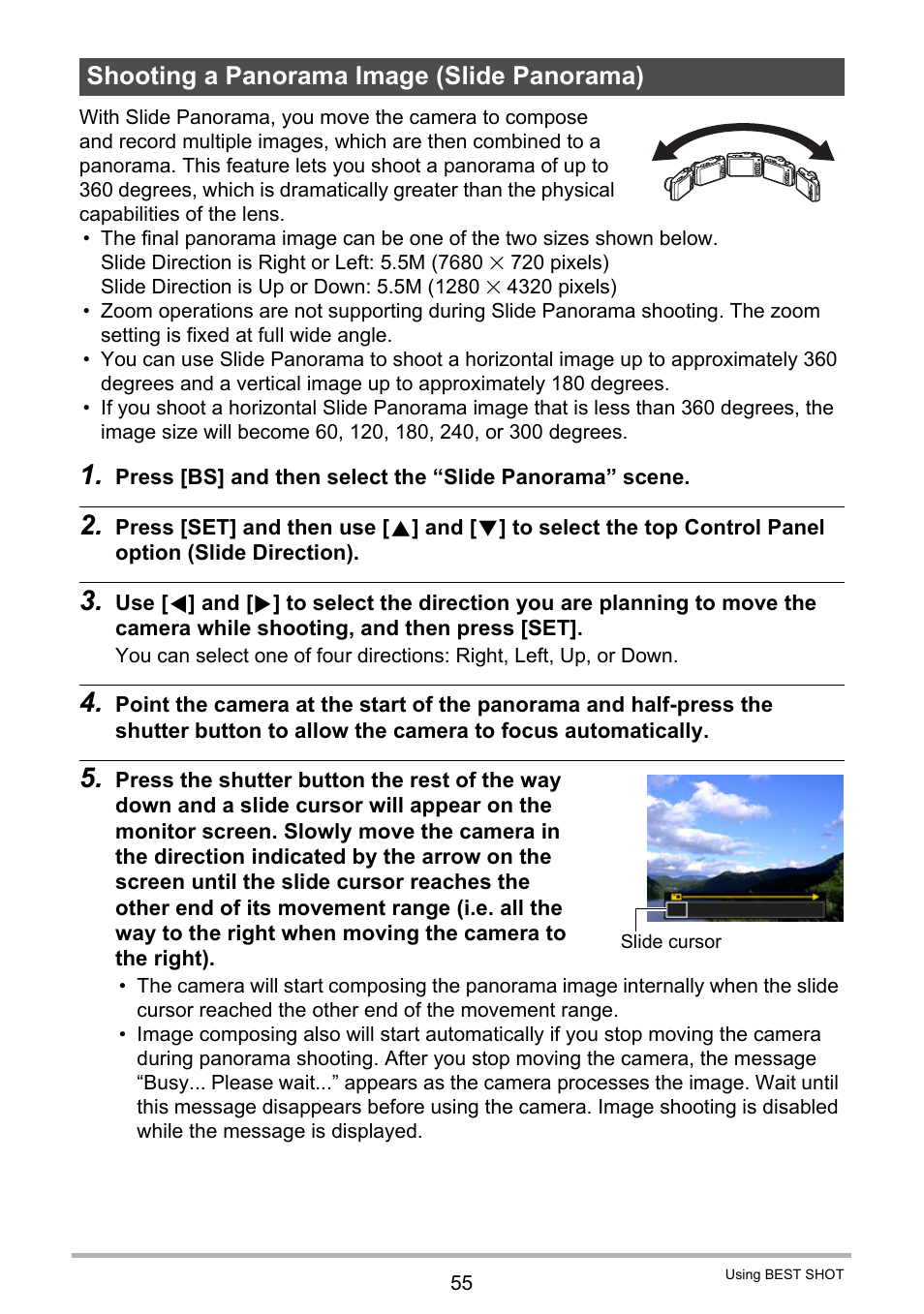 Shooting a panorama image (slide panorama) | Casio EXILIM EX-H20G User Manual | Page 55 / 192