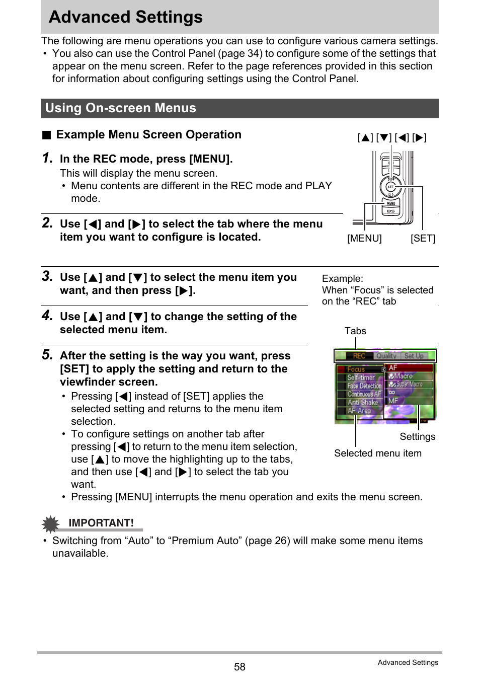 Advanced settings, Using on-screen menus | Casio EXILIM EX-H20G User Manual | Page 58 / 192