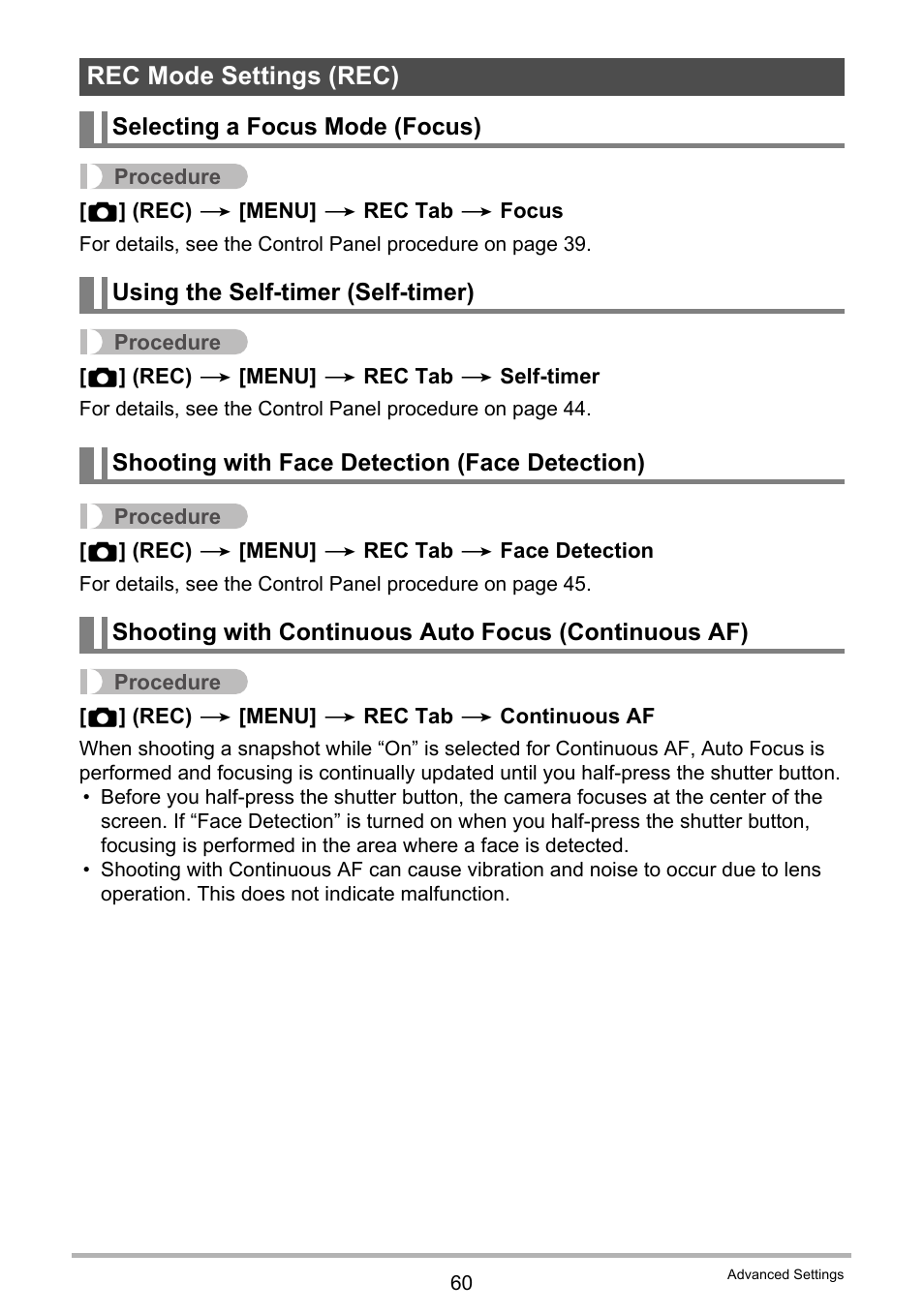 Rec mode settings (rec), Selecting a focus mode (focus), Using the self-timer (self-timer) | Shooting with face detection (face detection), Ge 60) | Casio EXILIM EX-H20G User Manual | Page 60 / 192