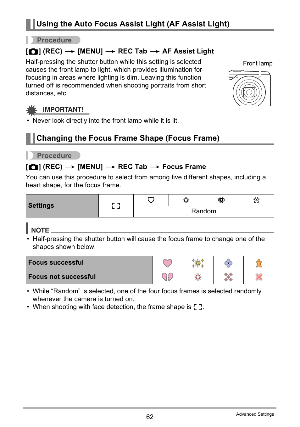 Changing the focus frame shape (focus frame) | Casio EXILIM EX-H20G User Manual | Page 62 / 192