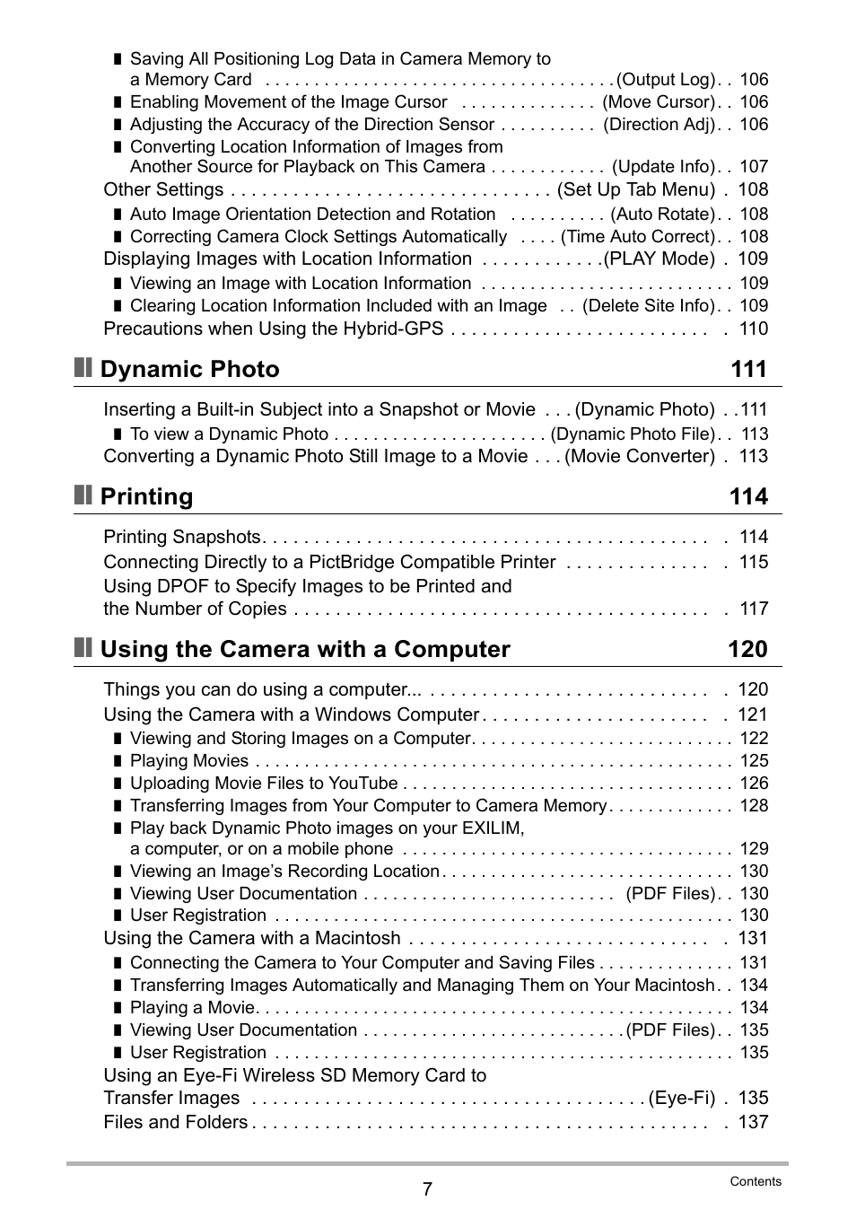 Dynamic photo 111, Printing 114, Using the camera with a computer 120 | Casio EXILIM EX-H20G User Manual | Page 7 / 192