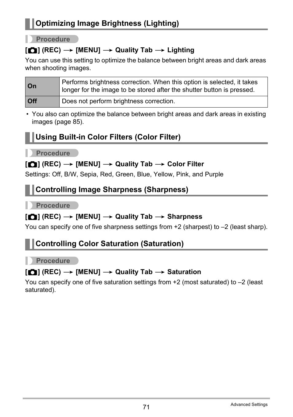 Optimizing image brightness (lighting), Using built-in color filters (color filter), Controlling image sharpness (sharpness) | Controlling color saturation (saturation) | Casio EXILIM EX-H20G User Manual | Page 71 / 192