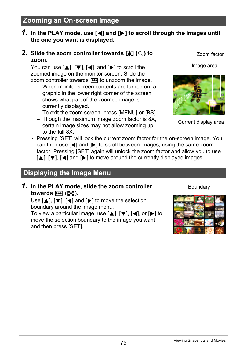 Zooming an on-screen image, Displaying the image menu, Age 75) | Casio EXILIM EX-H20G User Manual | Page 75 / 192