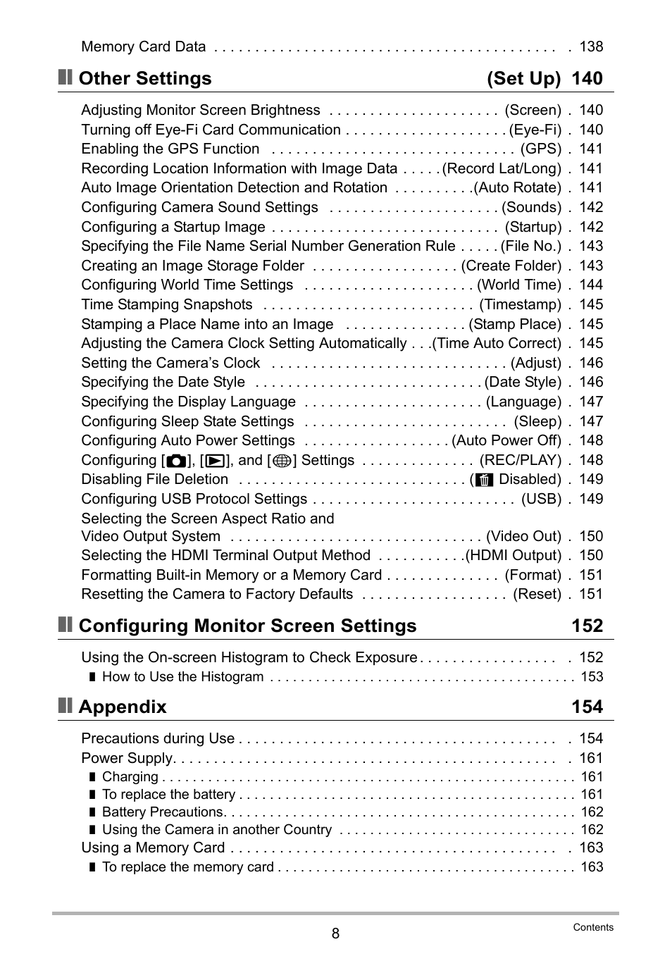 Other settings (set up) 140, Configuring monitor screen settings 152, Appendix 154 | Casio EXILIM EX-H20G User Manual | Page 8 / 192