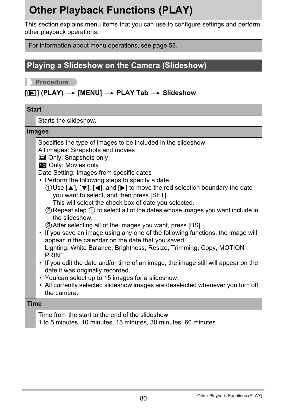 Other playback functions (play), Playing a slideshow on the camera (slideshow), Other playback functions | Play) 80 | Casio EXILIM EX-H20G User Manual | Page 80 / 192