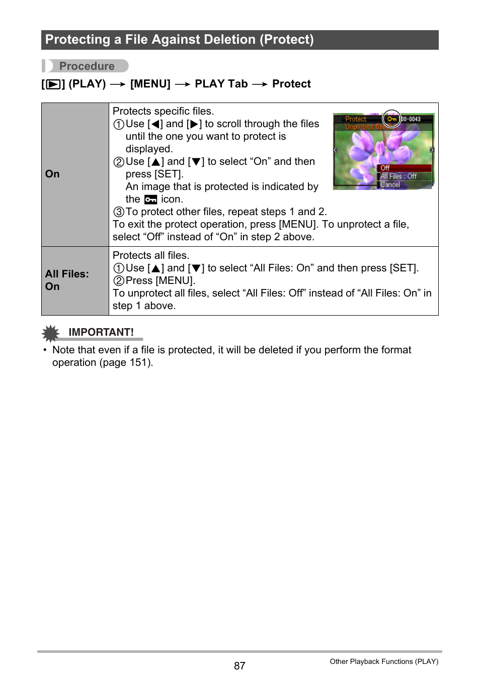 Protecting a file against deletion (protect) | Casio EXILIM EX-H20G User Manual | Page 87 / 192