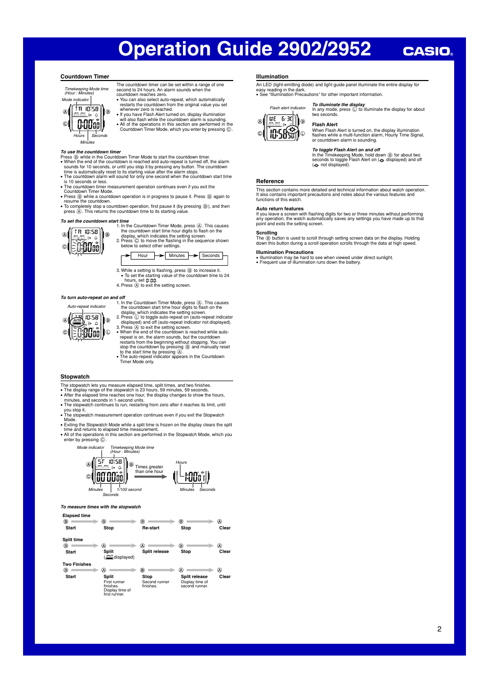 Countdown timer, Stopwatch, Illumination | Reference | Casio 2952 User Manual | Page 2 / 2