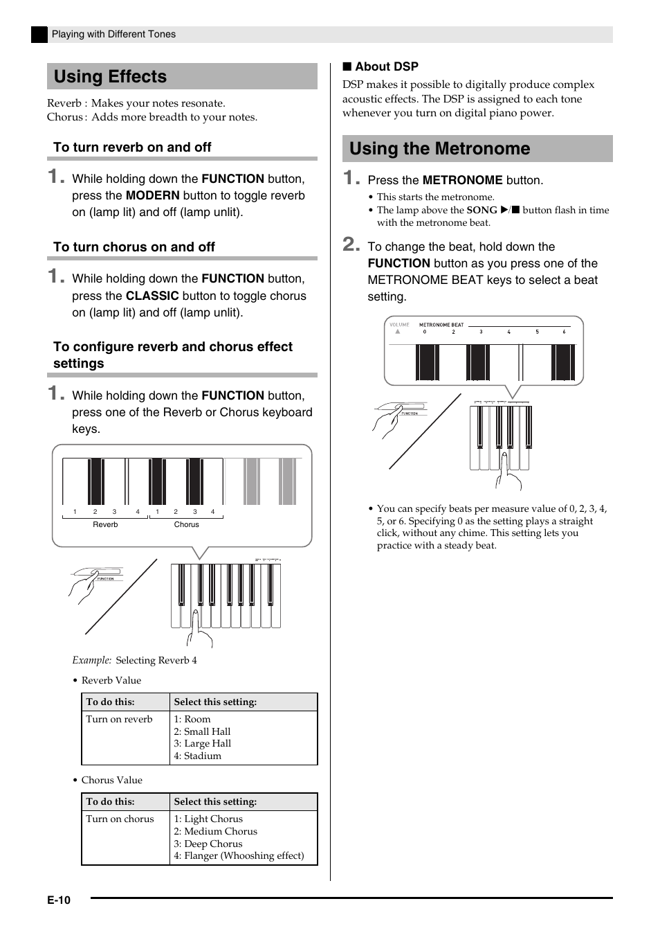 Using effects, Using the metronome | Casio PRIVIA PX135 User Manual | Page 12 / 37