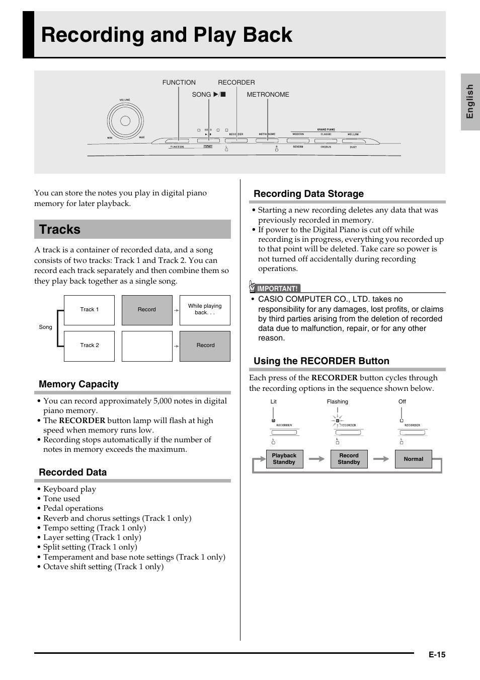 Recording and play back, Tracks, Recorded data | Recording data storage, Using the recorder button | Casio PRIVIA PX135 User Manual | Page 17 / 37