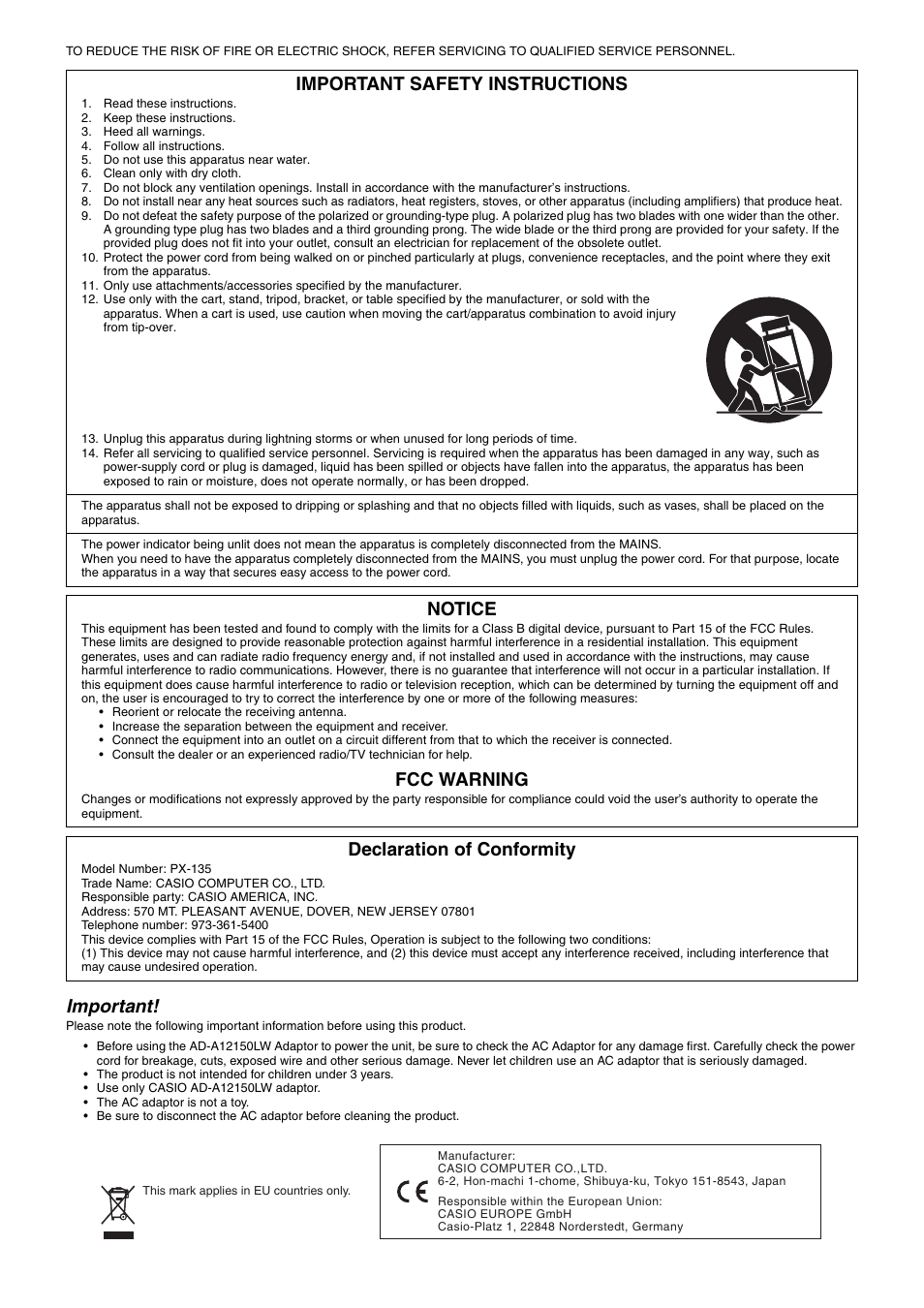 Important, Important safety instructions, Notice | Fcc warning, Declaration of conformity | Casio PRIVIA PX135 User Manual | Page 2 / 37