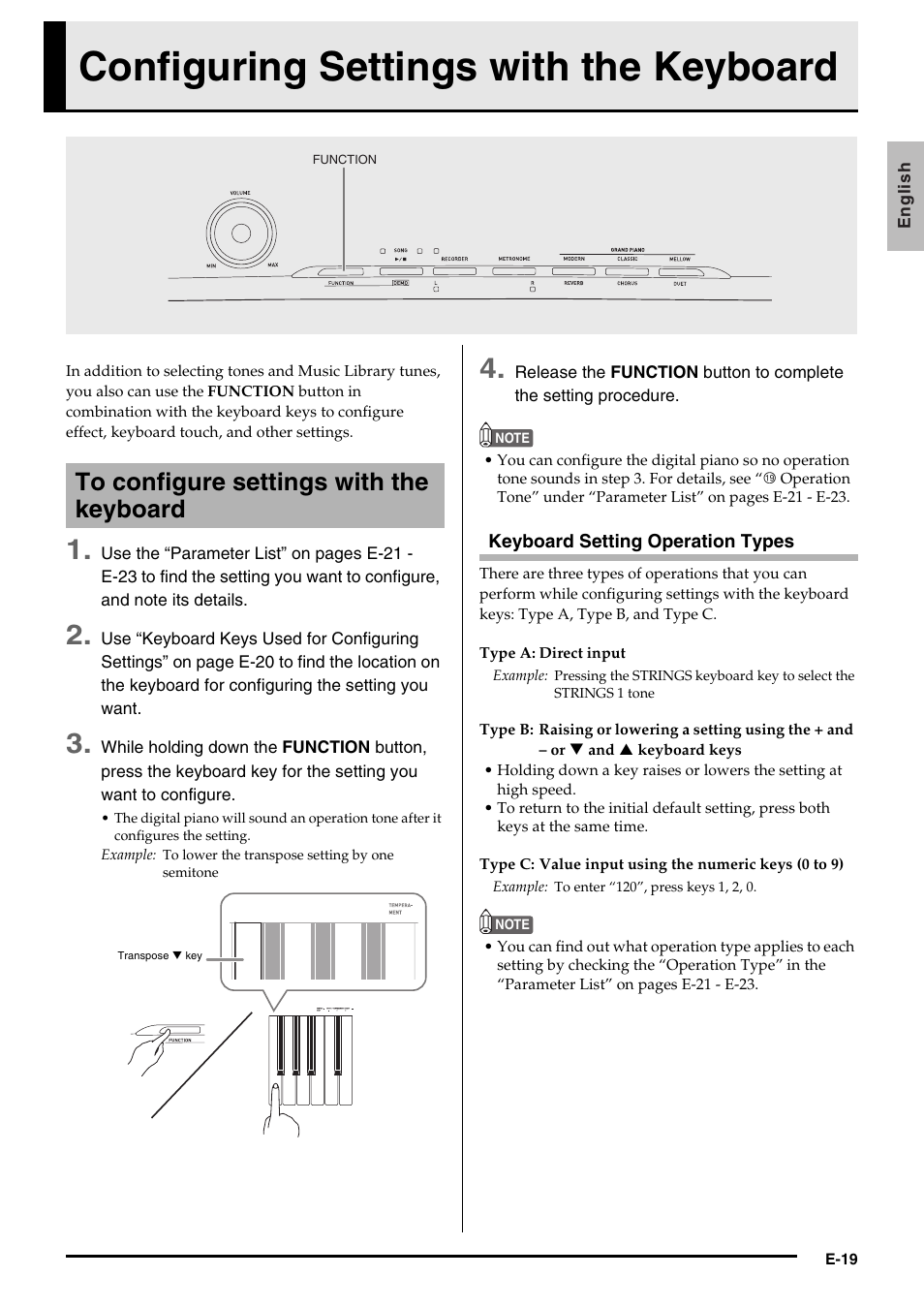 Configuring settings with the keyboard | Casio PRIVIA PX135 User Manual | Page 21 / 37