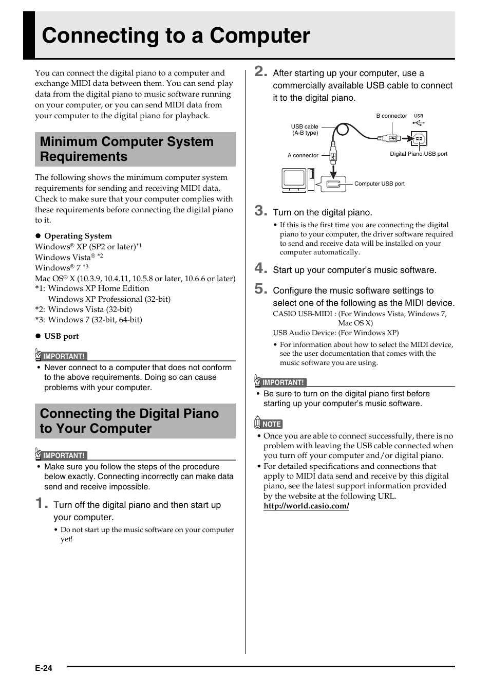 Connecting to a computer, Minimum computer system requirements, Connecting the digital piano to your computer | Casio PRIVIA PX135 User Manual | Page 26 / 37
