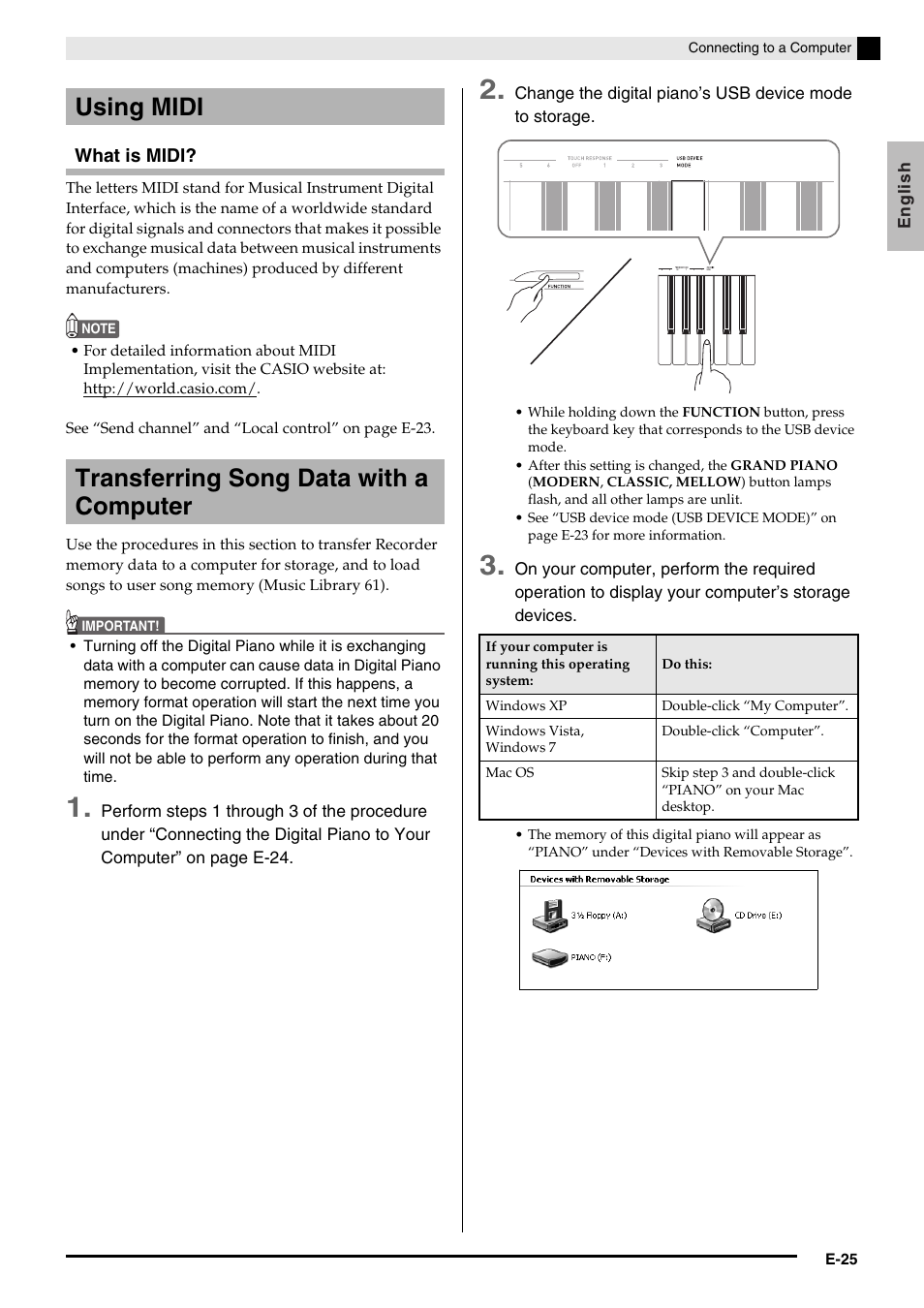 Using midi transferring song data with a computer | Casio PRIVIA PX135 User Manual | Page 27 / 37