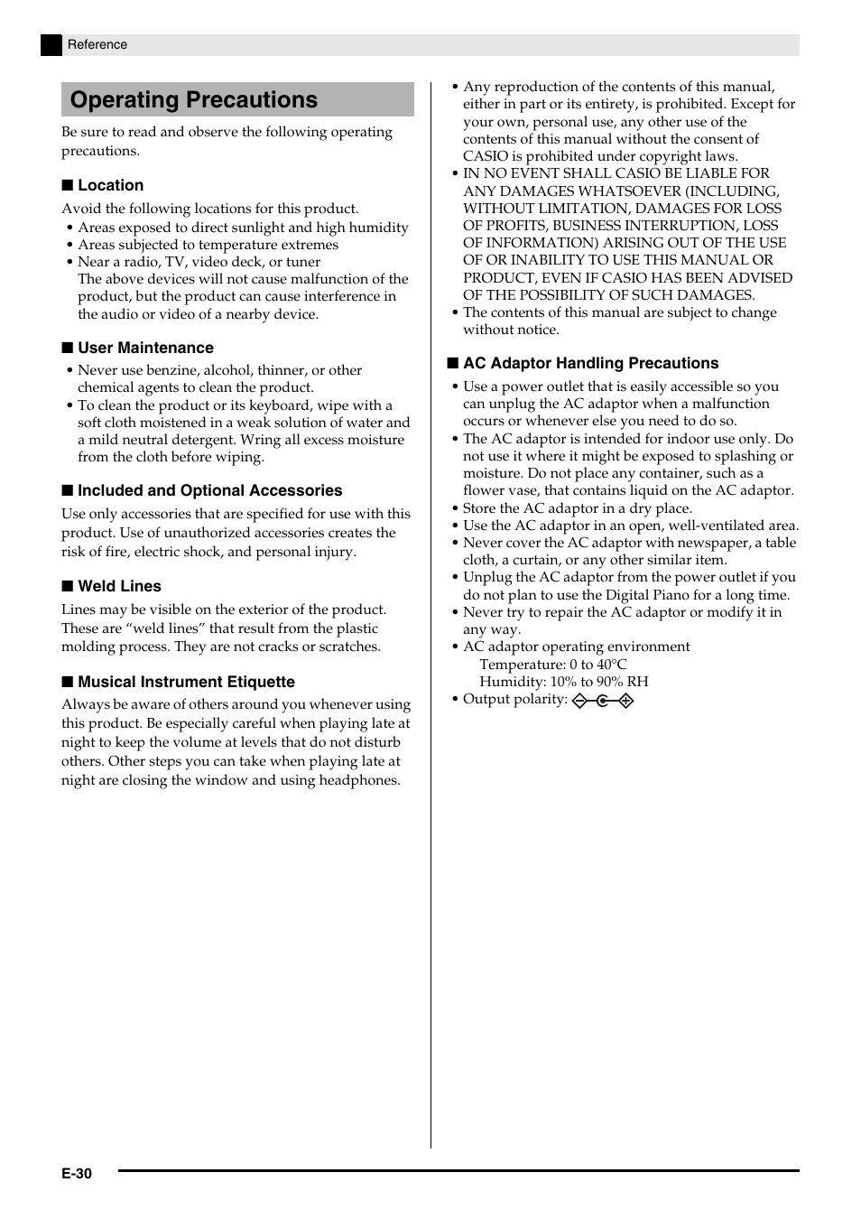 Operating precautions | Casio PRIVIA PX135 User Manual | Page 32 / 37