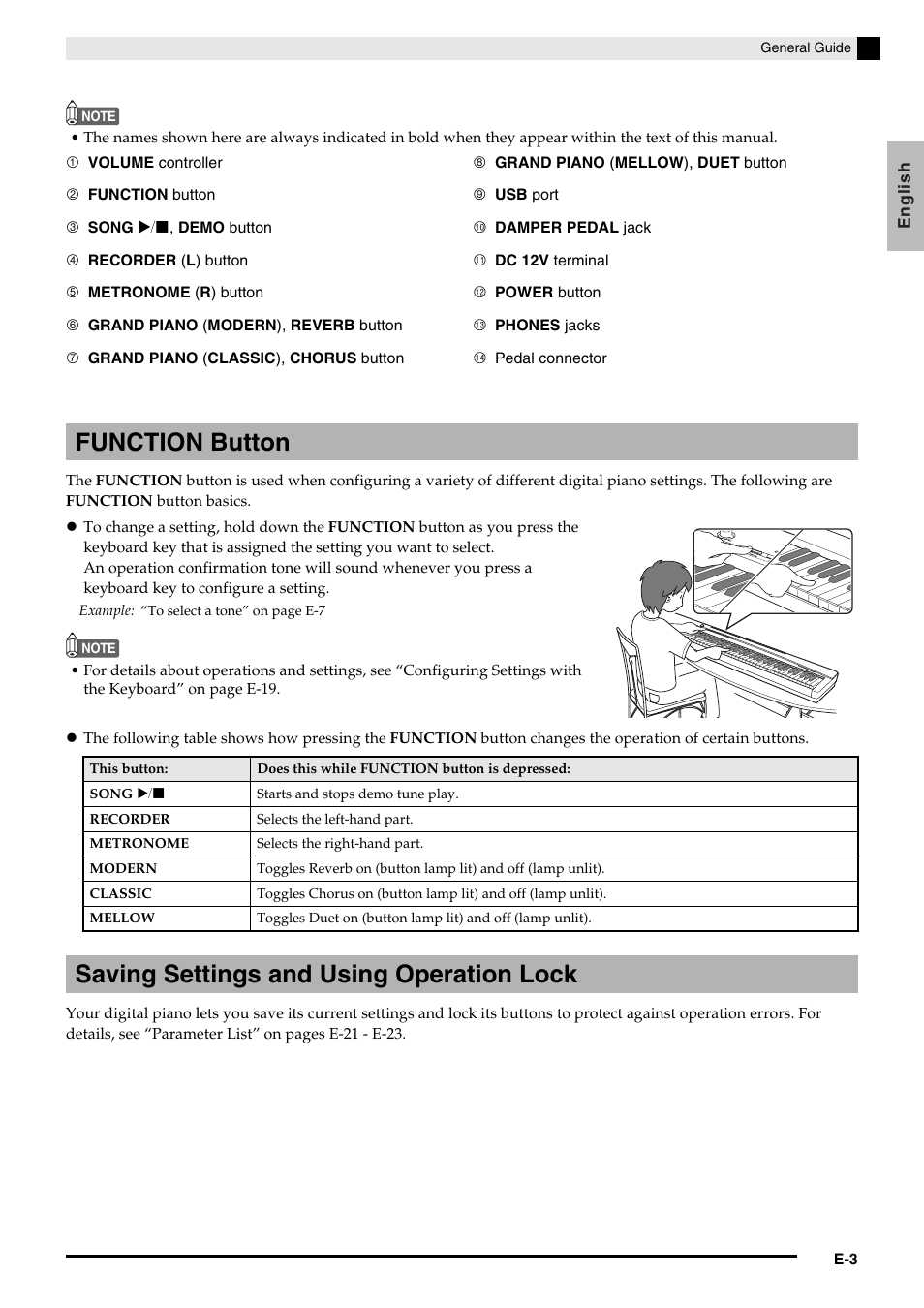 Function button, Saving settings and using operation lock | Casio PRIVIA PX135 User Manual | Page 5 / 37