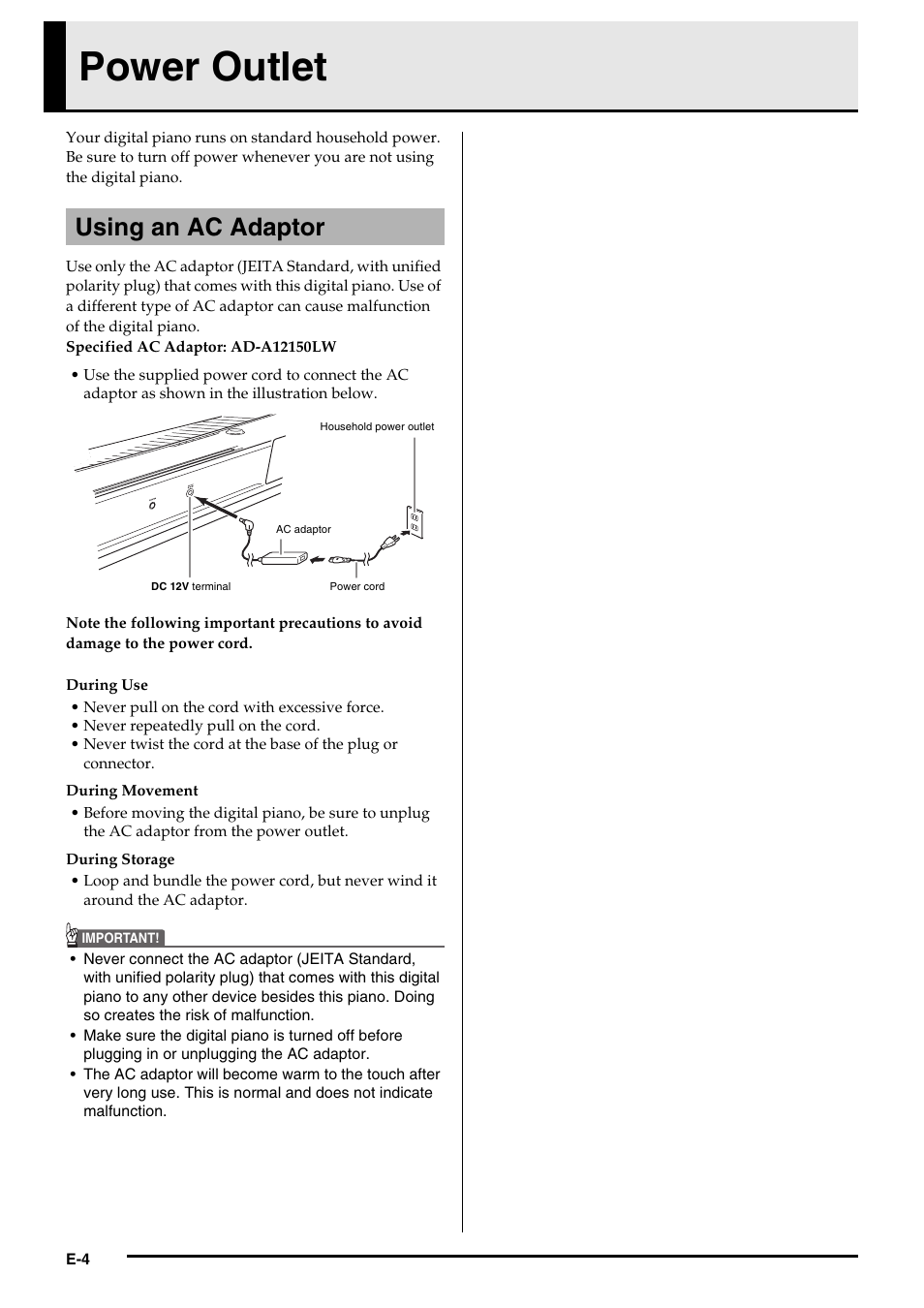 Power outlet, Using an ac adaptor | Casio PRIVIA PX135 User Manual | Page 6 / 37