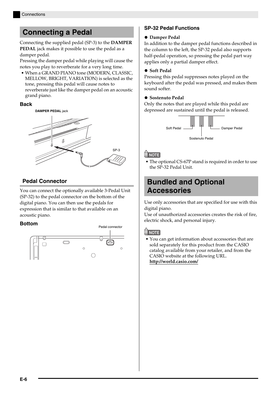 Connecting a pedal, Bundled and optional accessories, Pedal connector | Casio PRIVIA PX135 User Manual | Page 8 / 37