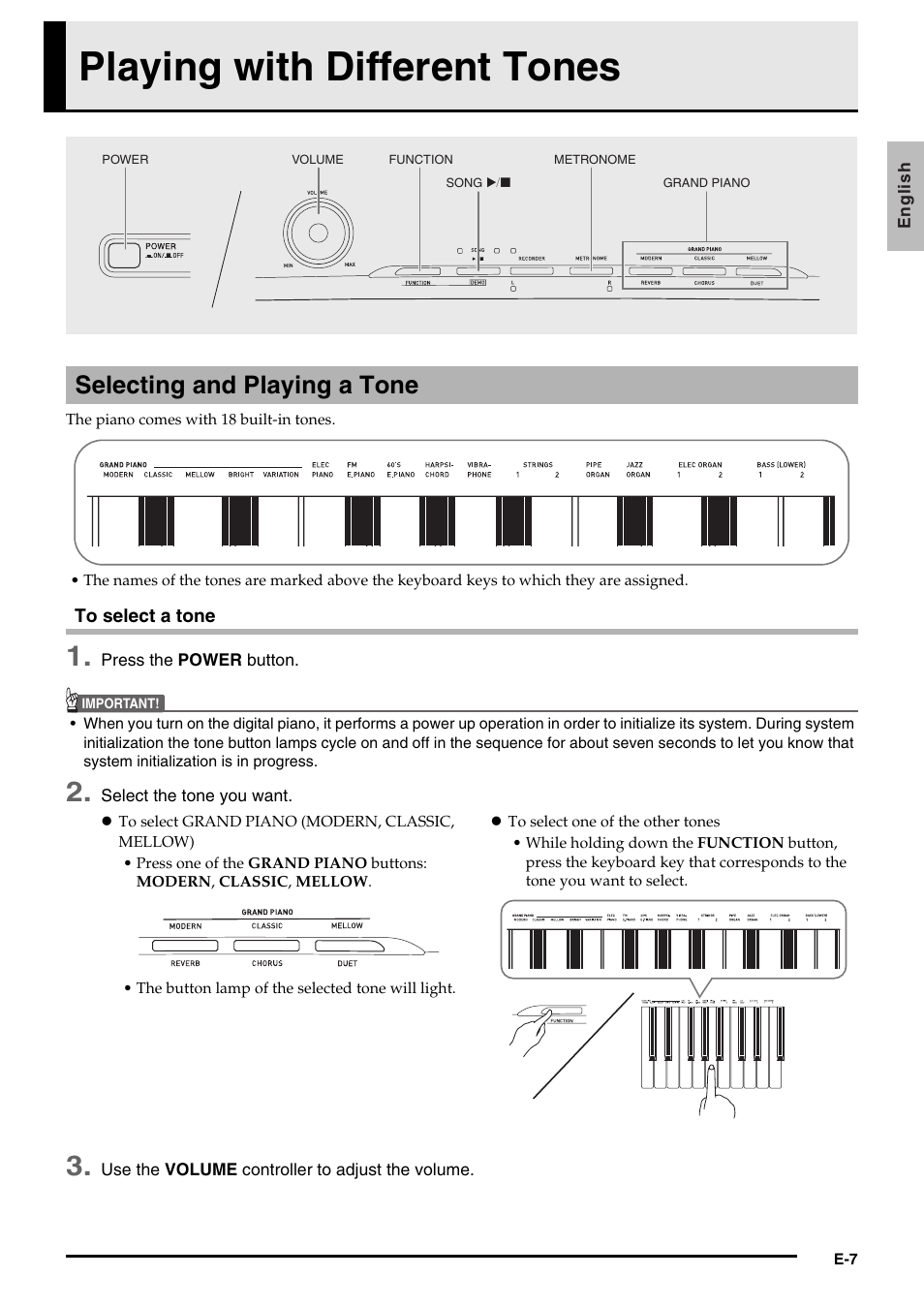 Playing with different tones, Selecting and playing a tone | Casio PRIVIA PX135 User Manual | Page 9 / 37