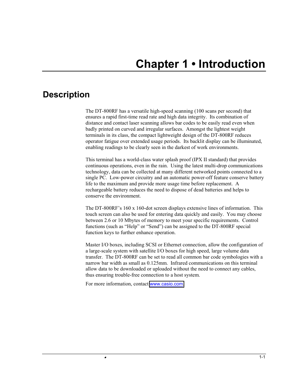 Chapter 1 • introduction, Description | Casio DT-800RF User Manual | Page 5 / 64