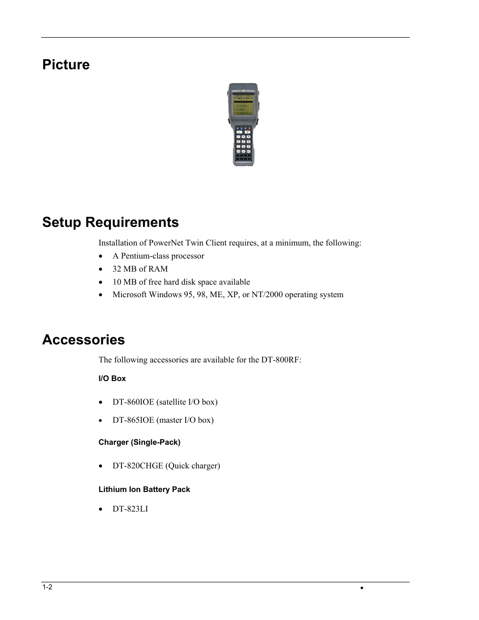 Picture, Setup requirements, Accessories | Casio DT-800RF User Manual | Page 6 / 64