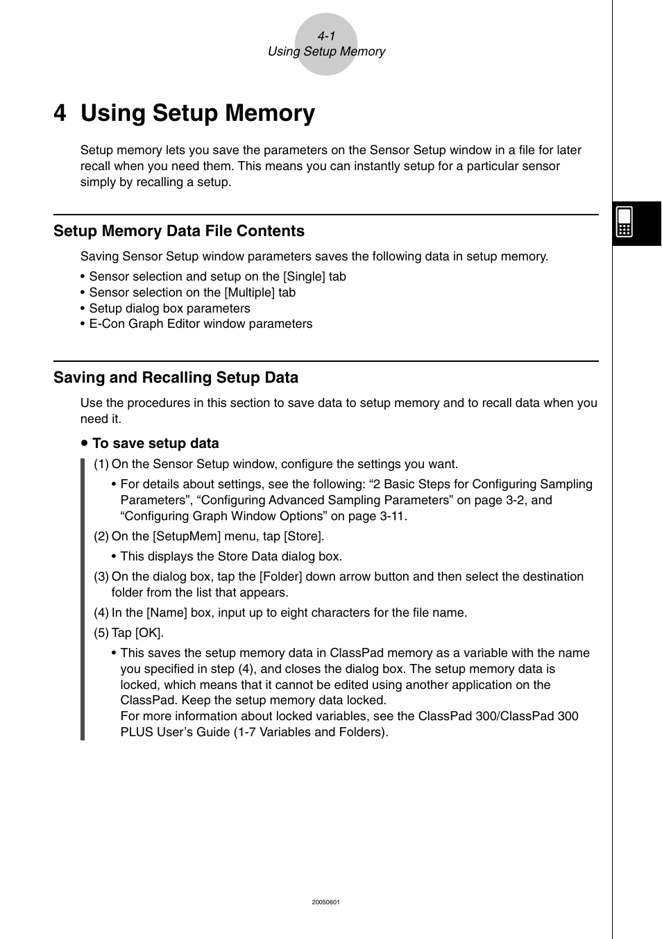 4 using setup memory, Setup memory data file contents, Saving and recalling setup data | 4 using setup memory -1 | Casio EA-200 User Manual | Page 38 / 81