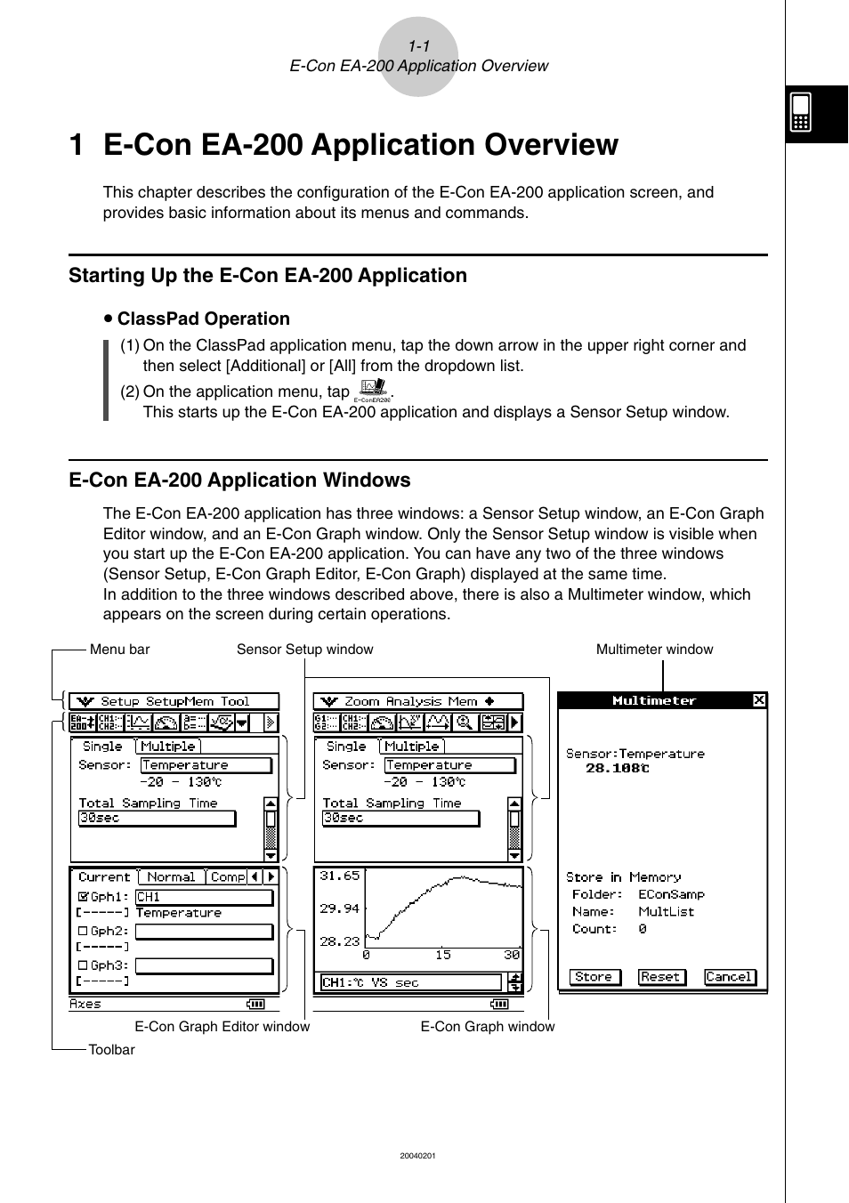 1 e-con ea-200 application overview, Starting up the e-con ea-200 application, E-con ea-200 application windows | 1 e-con ea-200 application overview -1 | Casio EA-200 User Manual | Page 4 / 81