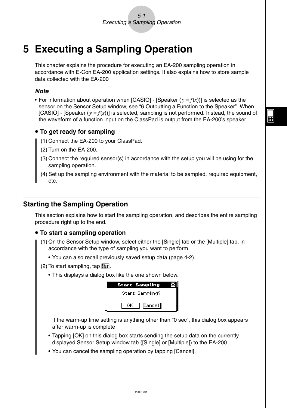 5 executing a sampling operation, Starting the sampling operation, 5 executing a sampling operation -1 | Starting the sampling operation -1 | Casio EA-200 User Manual | Page 40 / 81