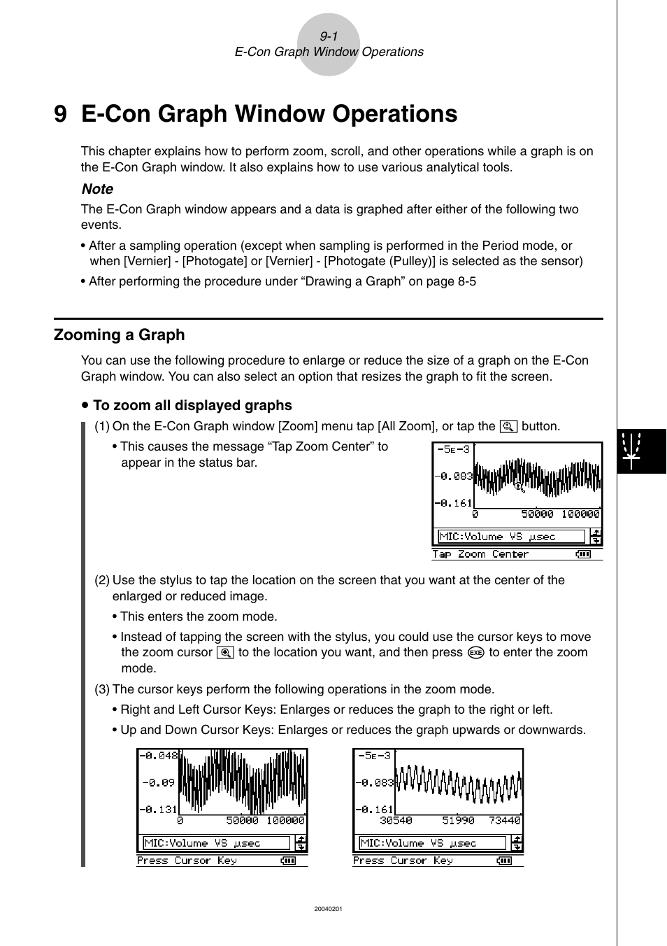 9 e-con graph window operations, Zooming a graph, 9 e-con graph window operations -1 | Zooming a graph -1 | Casio EA-200 User Manual | Page 63 / 81