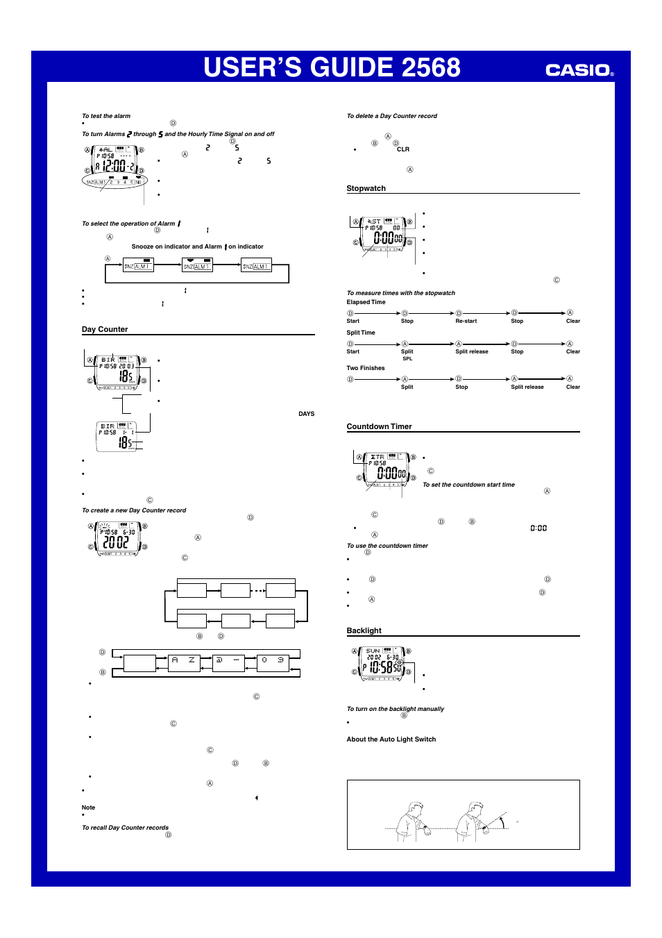 Day counter, Stopwatch, Countdown timer | Backlight, User’s guide 2568 | Casio 2568 User Manual | Page 3 / 5