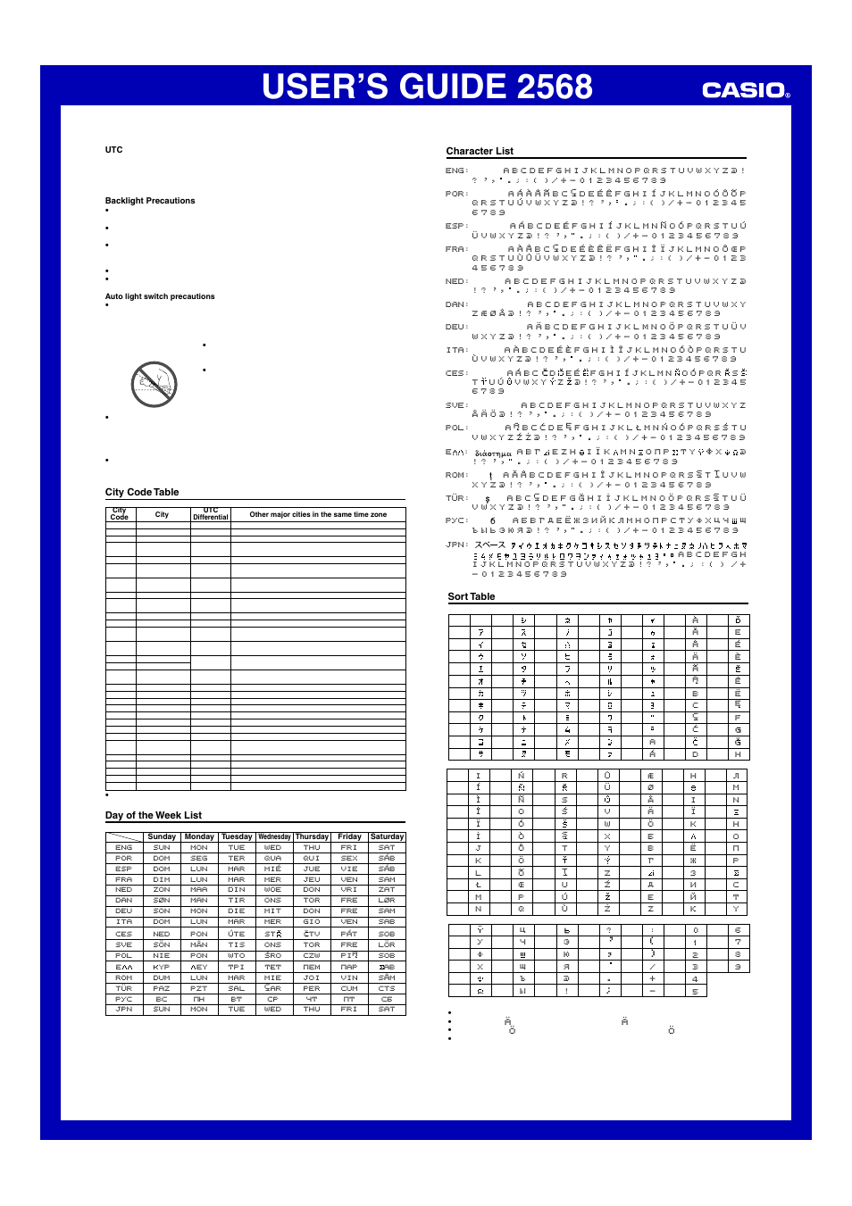 City code table, Day of the week list, Character list | Sort table, User’s guide 2568 | Casio 2568 User Manual | Page 5 / 5