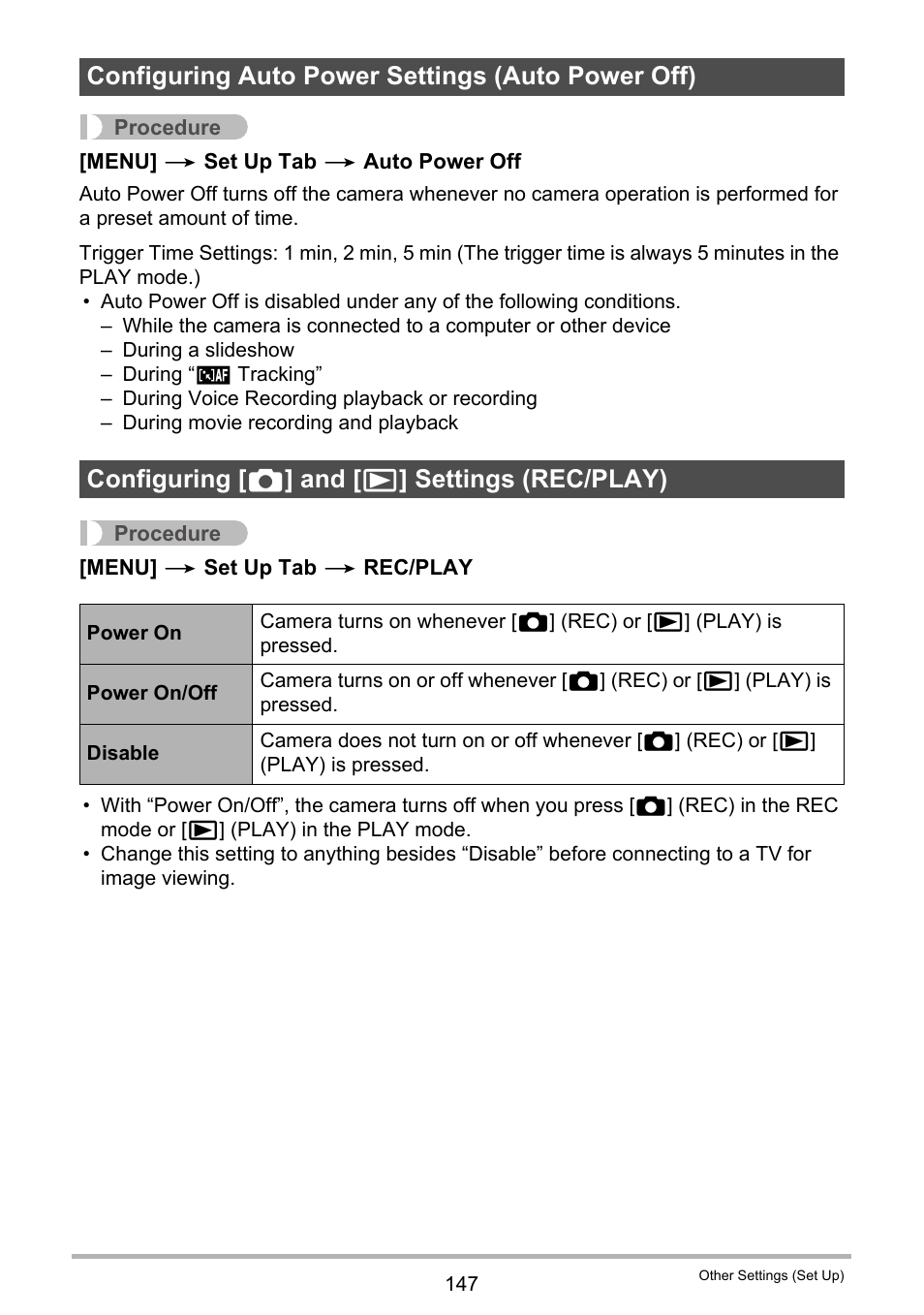 Configuring auto power settings (auto power off), Configuring [_] and [>] settings (rec/play) | Casio EXILIM EX-S7 User Manual | Page 147 / 194