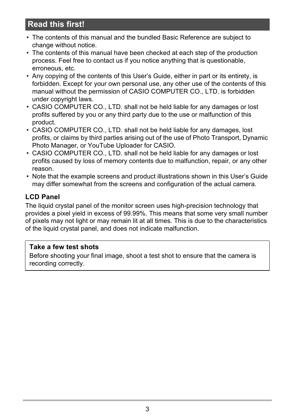 Read this first | Casio EXILIM EX-S7 User Manual | Page 3 / 194