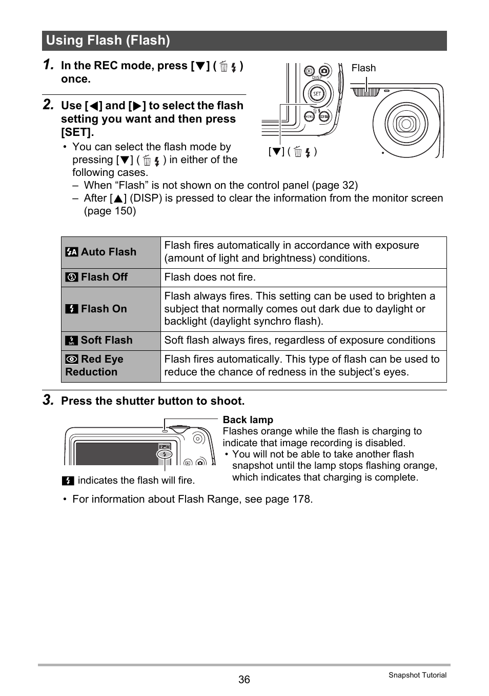 Using flash (flash) | Casio EXILIM EX-S7 User Manual | Page 36 / 194