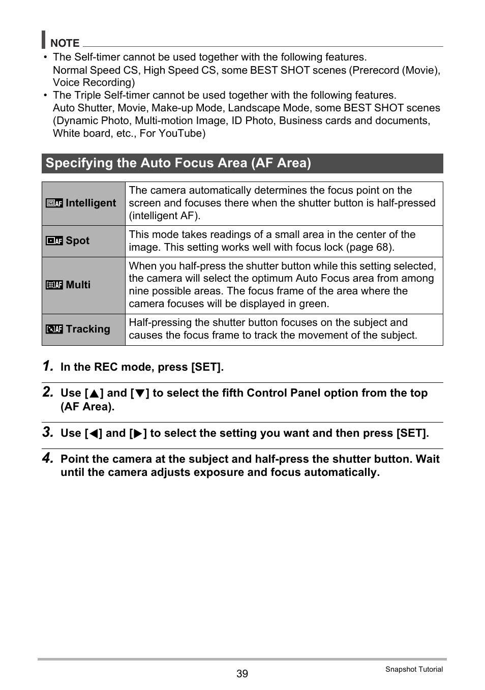 Specifying the auto focus area (af area) | Casio EXILIM EX-S7 User Manual | Page 39 / 194