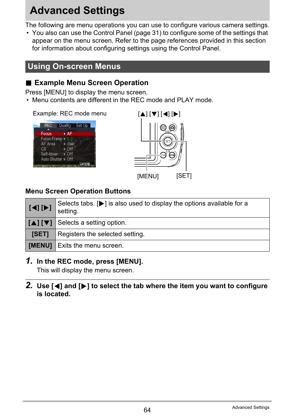 Advanced settings, Using on-screen menus | Casio EXILIM EX-S7 User Manual | Page 64 / 194