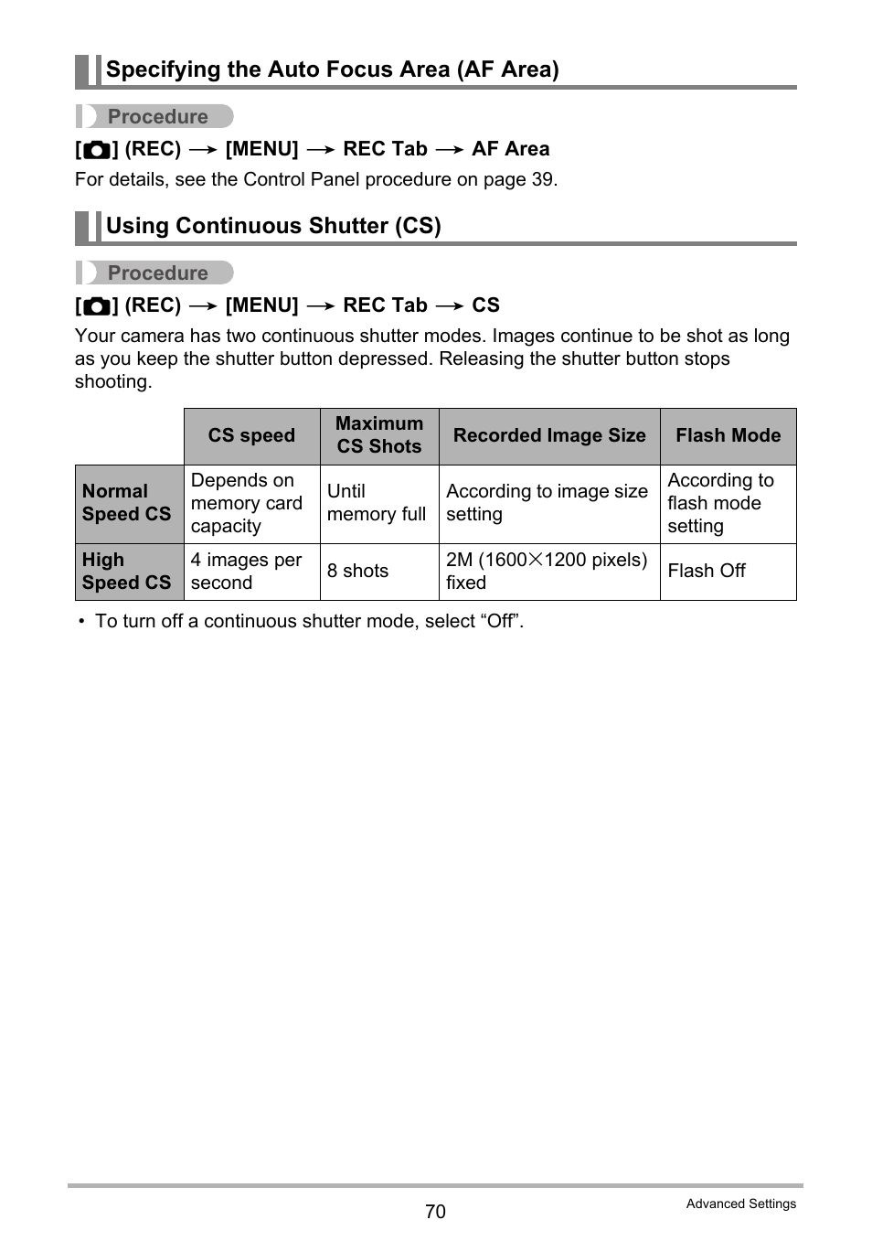 Specifying the auto focus area (af area), Using continuous shutter (cs) | Casio EXILIM EX-S7 User Manual | Page 70 / 194