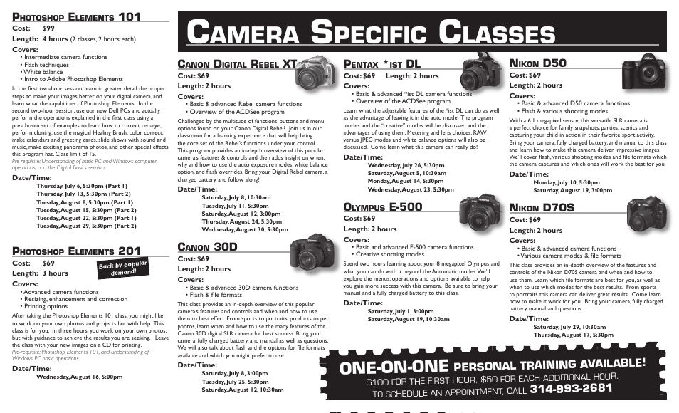 Amera, Pecific, Lasses | One-on-one, E-500, D70s, Personal training available | Casio EX-s600 User Manual | Page 2 / 2